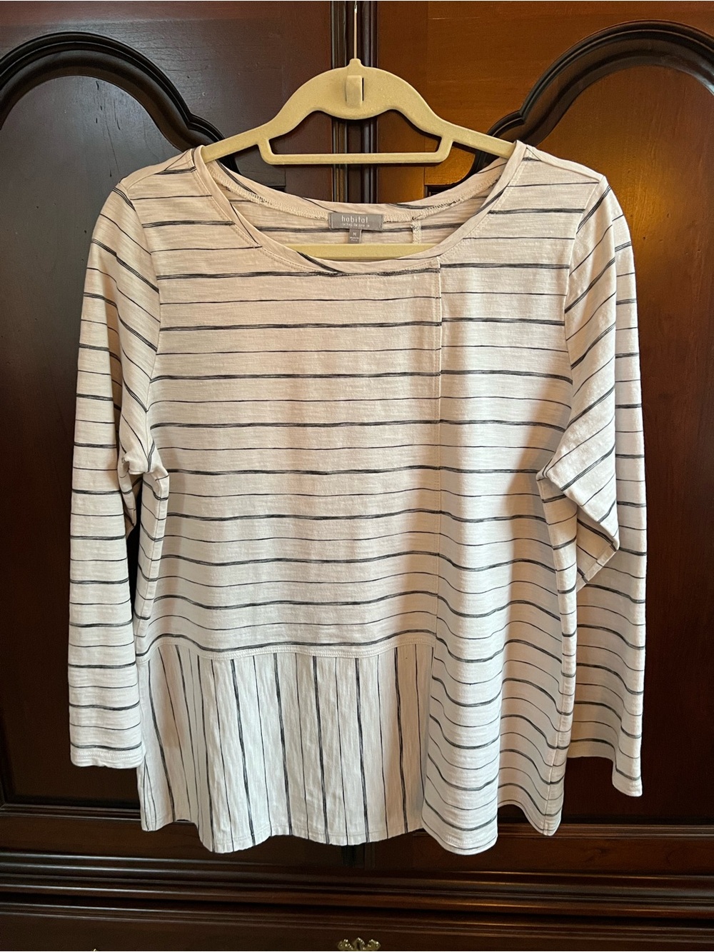 Habitat Ivory and Gray Striped 3/4 Sleeve Top